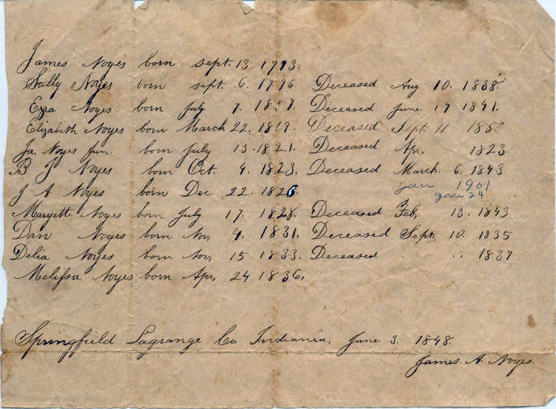 Noyes Family Record, 1848