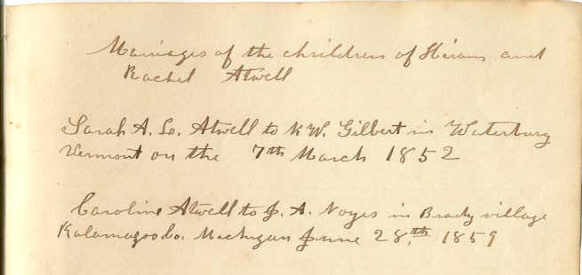 Caroline Atwell’s Record of Marriages of Children Of Hiram and Rachel Atwell