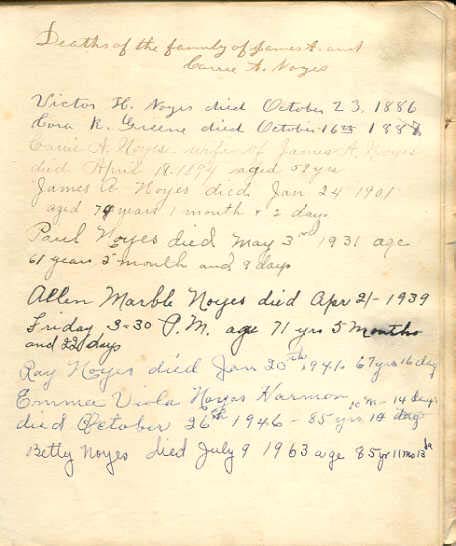 Noyes Record of Deaths of the Family of James A. and Carrie A. Noyes
