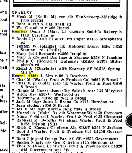 Kearns in 1947/48 Polk’s Mobile City Directory