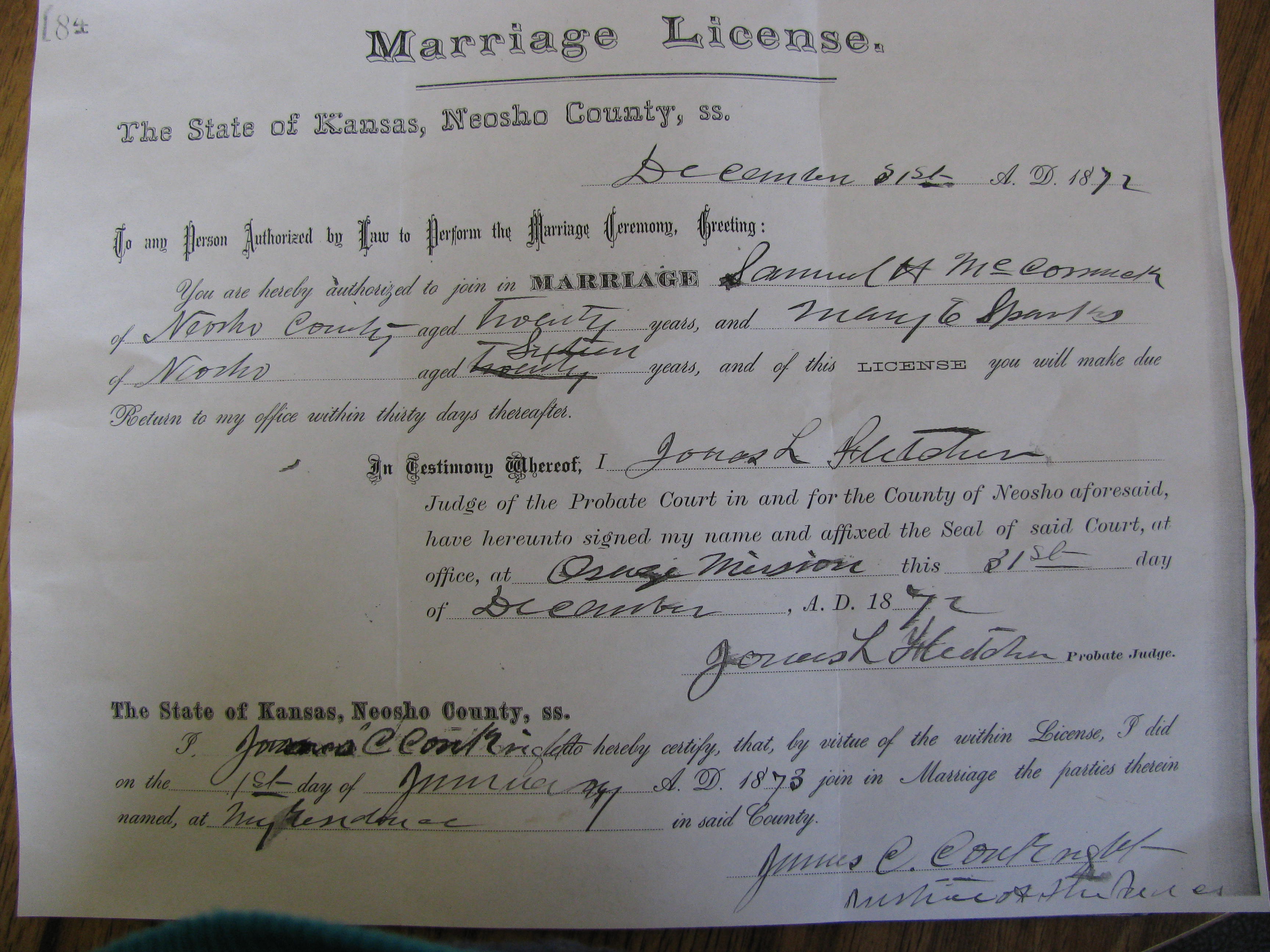 Marriage License of Mary Sparks and Samuel McCormick
