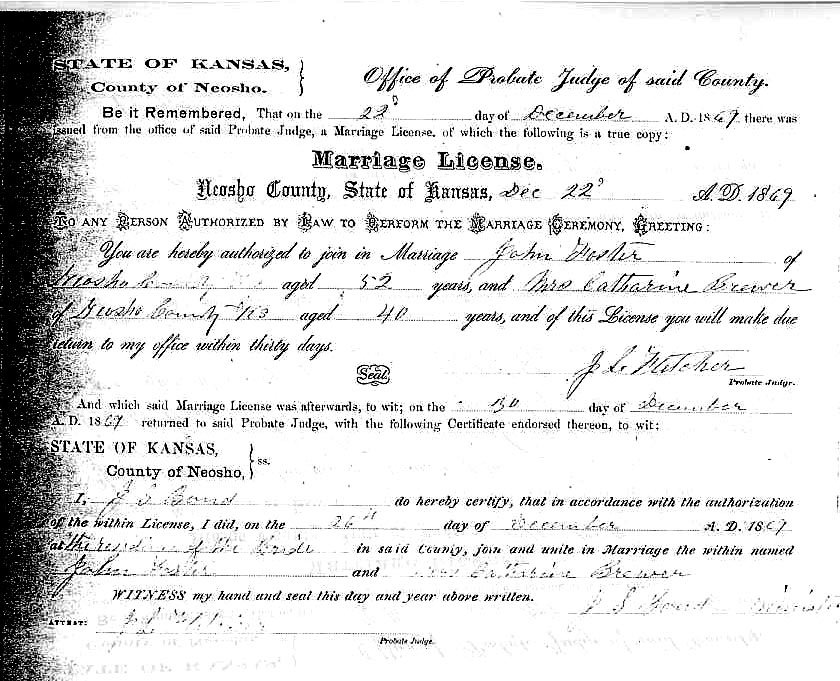 Marriage License of Catherine Hedden Brewer and John Foster
