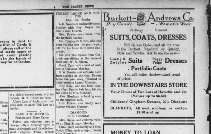 Fowler Family News in “The Jasper News” , Sept 20 1920