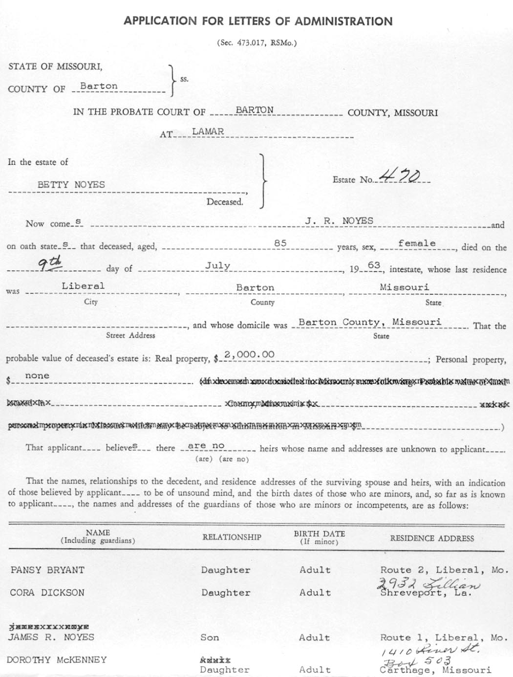 Elizabeth “Bettie” Brewer Noyes, Application for Letters of Administration