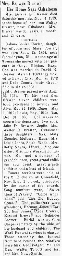 Obituaries of Delana Louise Fowler Brewer