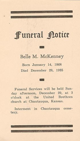 Belle Sparks McKenney Funeral Notice